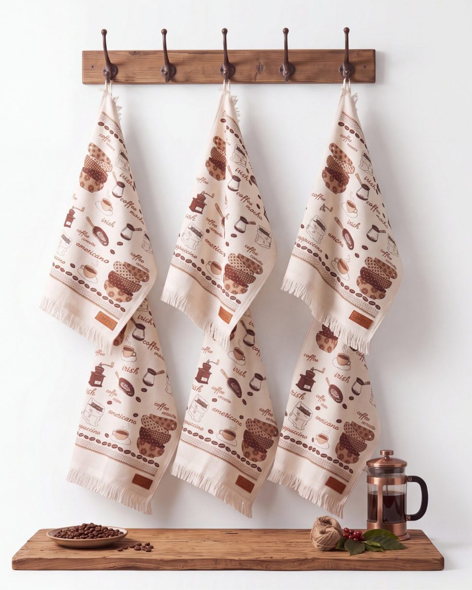 Coffee 6'lı Pamuk Kadife Mutfak Havlusu Seti – 45×65 cm Krem - Görsel 1